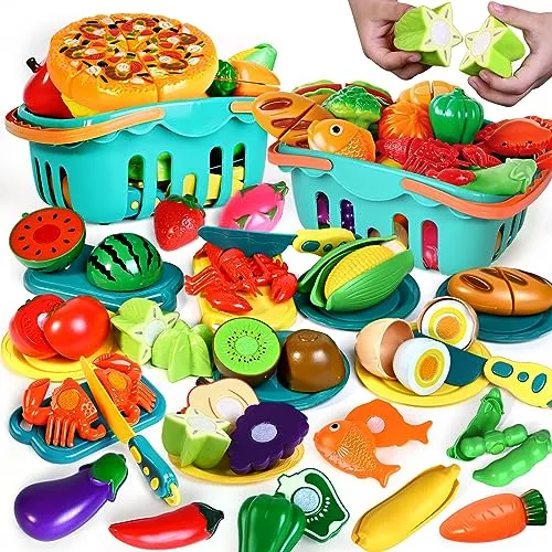 100 Pcs Play Food Set for Kids Kitchen, Pretend Food Toy for Toddlers Age 1-3, Plastics Cutting Fake Food/ Fruit/ Vegetable Accessories with 2