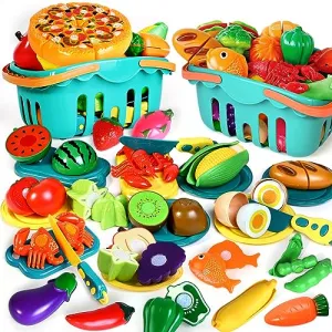 100 Pcs Play Food Set for Kids Kitchen, Pretend Food Toy for Toddlers Age 1-3, Plastics Cutting Fake Food/ Fruit/ Vegetable Accessories with 2