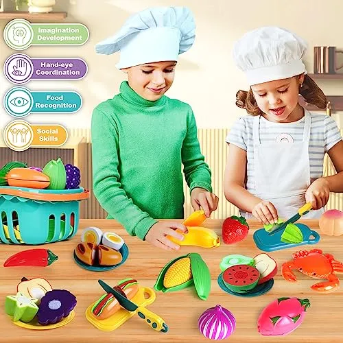 100 Pcs Play Food Set for Kids Kitchen, Pretend Food Toy for Toddlers Age 1-3, Plastics Cutting Fake Food/ Fruit/ Vegetable Accessories with 2