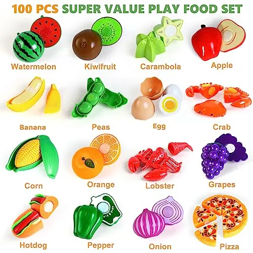 100 Pcs Play Food Set for Kids Kitchen, Pretend Food Toy for Toddlers Age 1-3, Plastics Cutting Fake Food/ Fruit/ Vegetable Accessories with 2