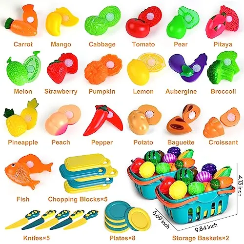 100 Pcs Play Food Set for Kids Kitchen, Pretend Food Toy for Toddlers Age 1-3, Plastics Cutting Fake Food/ Fruit/ Vegetable Accessories with 2