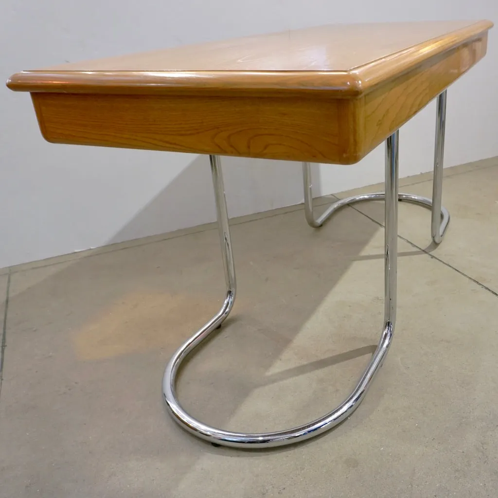 1970s Italian Vintage Curved Nickel Legs 3-Drawer Ash Tree Center Desk/Console