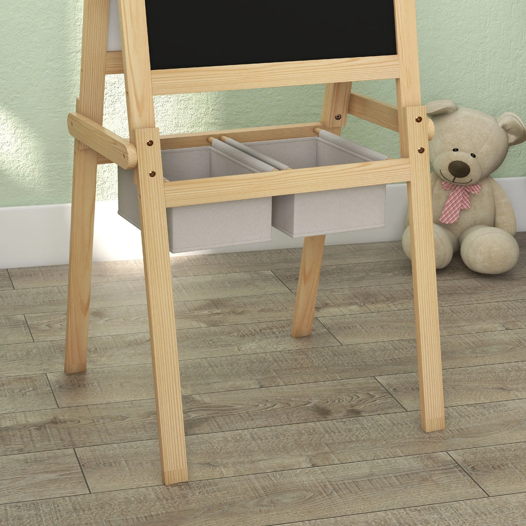 3 in 1 Kids Easel with Paper Roll, Storage Baskets - Natural