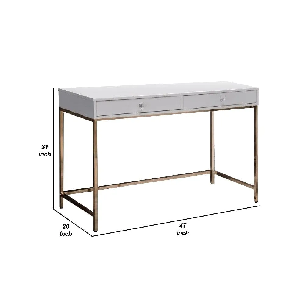 47 Inch Desk Console Table, 2 Drawers, Metal Frame, White, Gold By Casagear Home