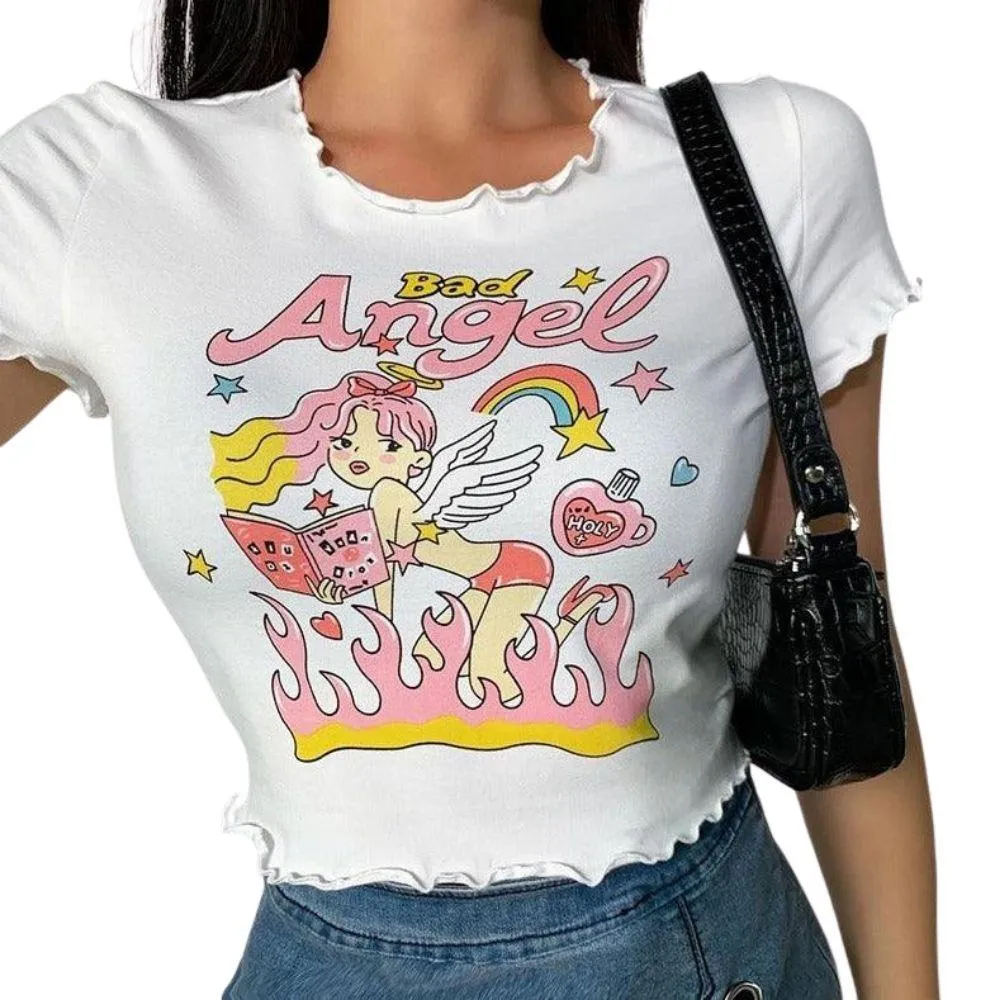 Bad Angel Women's Tee Cute Large Graphic Print Ruffled Edges Great Summer Tee Casual Tee Girls Tee