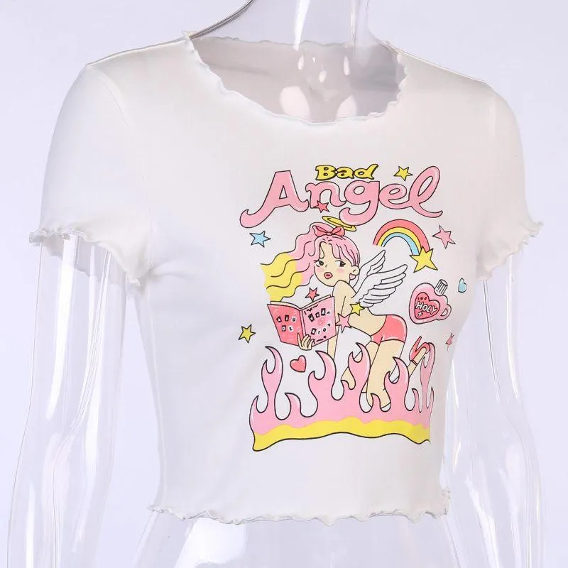 Bad Angel Women's Tee Cute Large Graphic Print Ruffled Edges Great Summer Tee Casual Tee Girls Tee