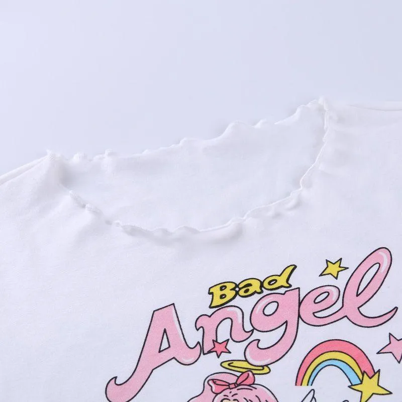 Bad Angel Women's Tee Cute Large Graphic Print Ruffled Edges Great Summer Tee Casual Tee Girls Tee