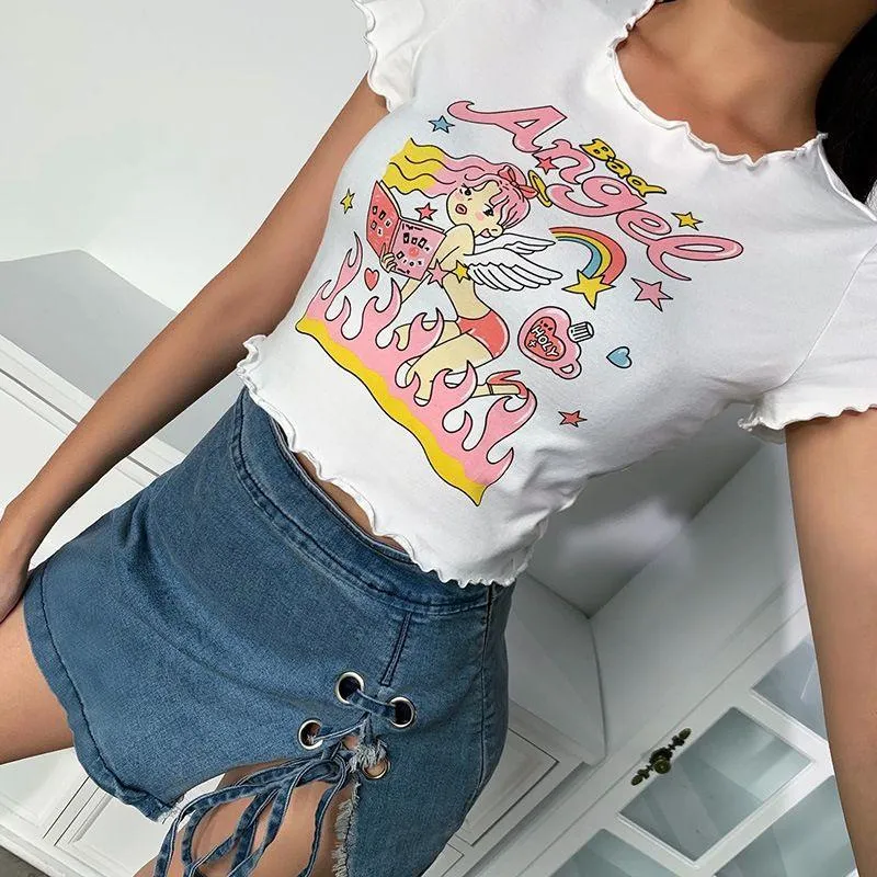 Bad Angel Women's Tee Cute Large Graphic Print Ruffled Edges Great Summer Tee Casual Tee Girls Tee