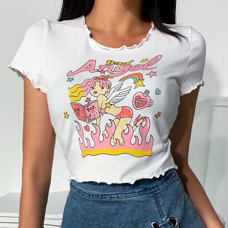 Bad Angel Women's Tee Cute Large Graphic Print Ruffled Edges Great Summer Tee Casual Tee Girls Tee