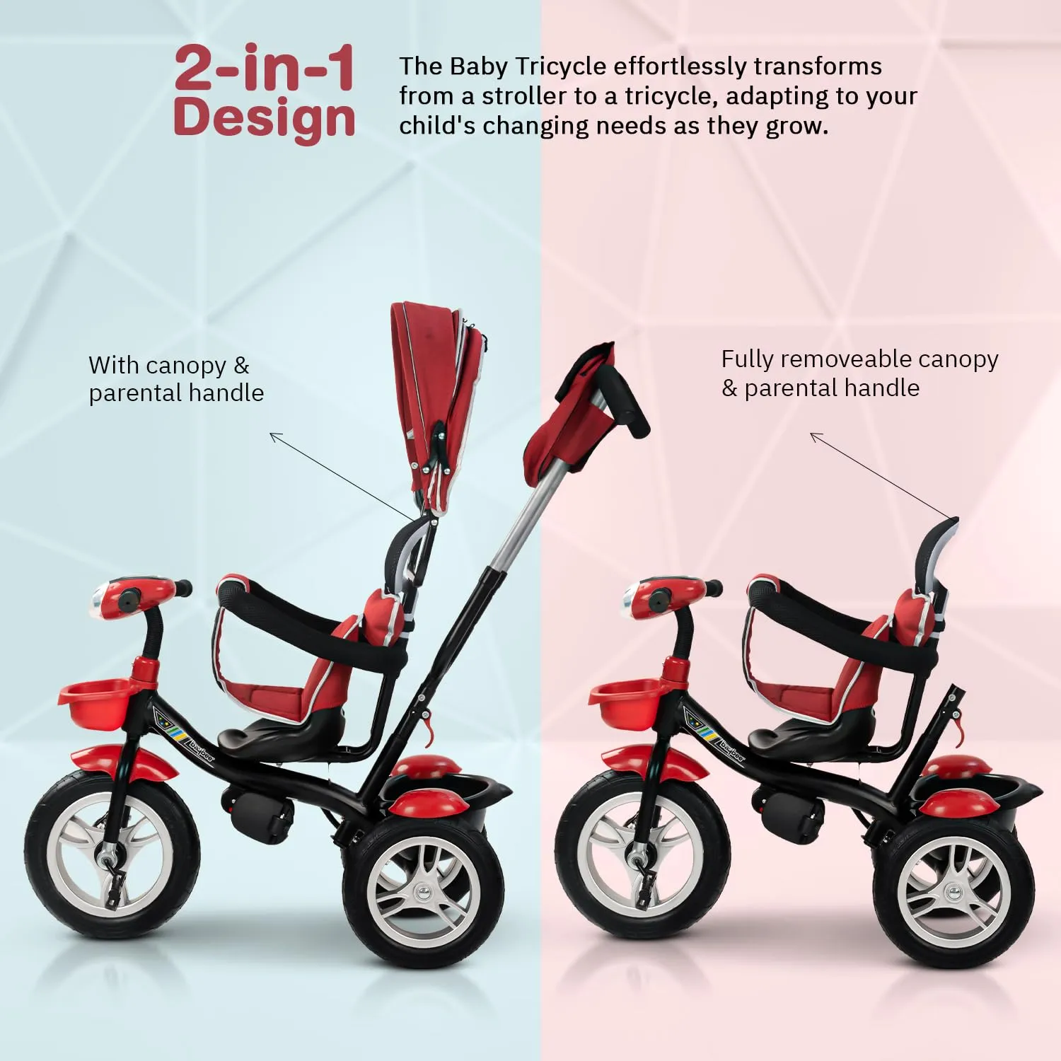 Baybee Klinto 2 in 1 Baby Tricycle for Kids, Plug N Play Kids Tricycle with Parental Control, Canopy, Rubber Wheels & Safety guardrail, Baby Kids Cycle Trikes, Baby Tricycle for 1.5 to 5 Year (Red)