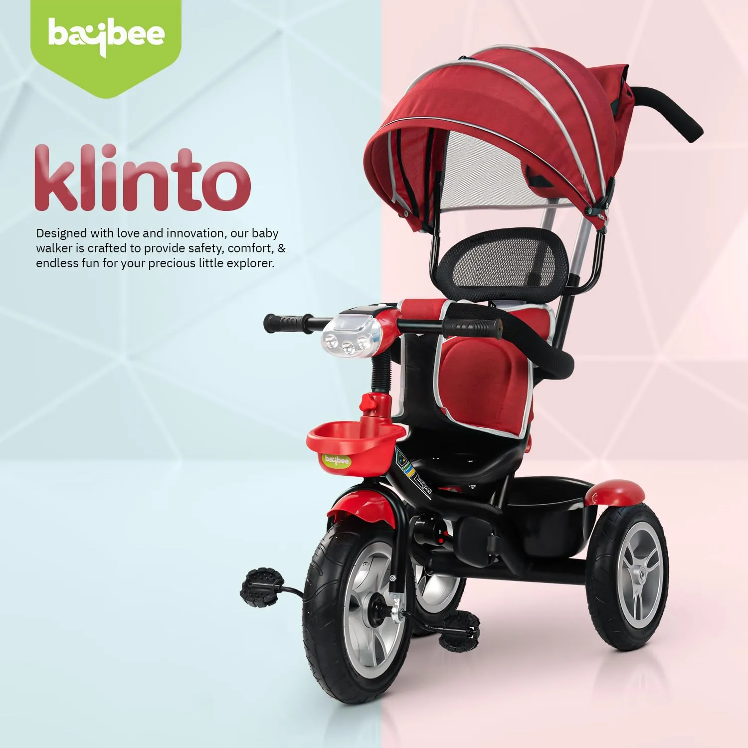 Baybee Klinto 2 in 1 Baby Tricycle for Kids, Plug N Play Kids Tricycle with Parental Control, Canopy, Rubber Wheels & Safety guardrail, Baby Kids Cycle Trikes, Baby Tricycle for 1.5 to 5 Year (Red)