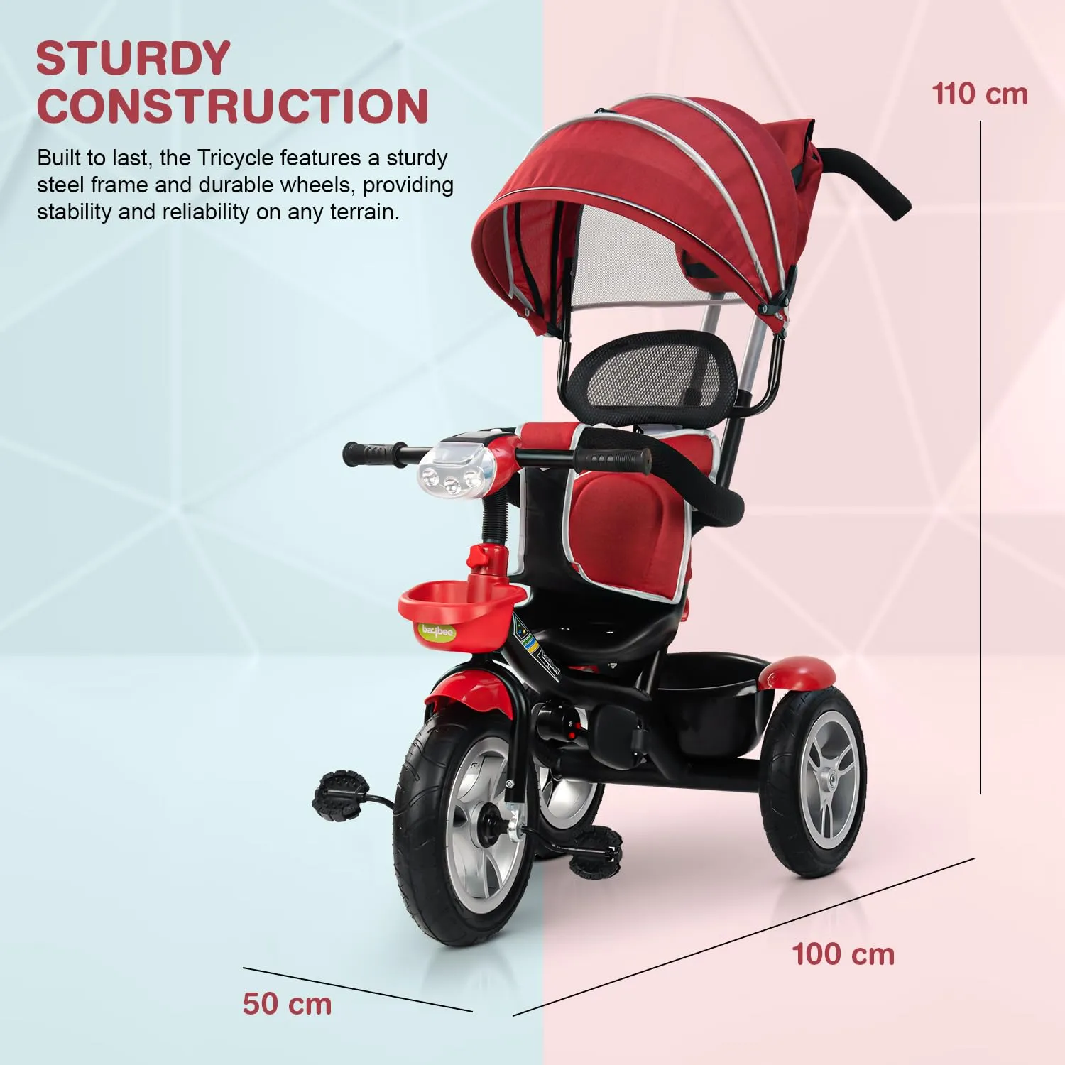 Baybee Klinto 2 in 1 Baby Tricycle for Kids, Plug N Play Kids Tricycle with Parental Control, Canopy, Rubber Wheels & Safety guardrail, Baby Kids Cycle Trikes, Baby Tricycle for 1.5 to 5 Year (Red)