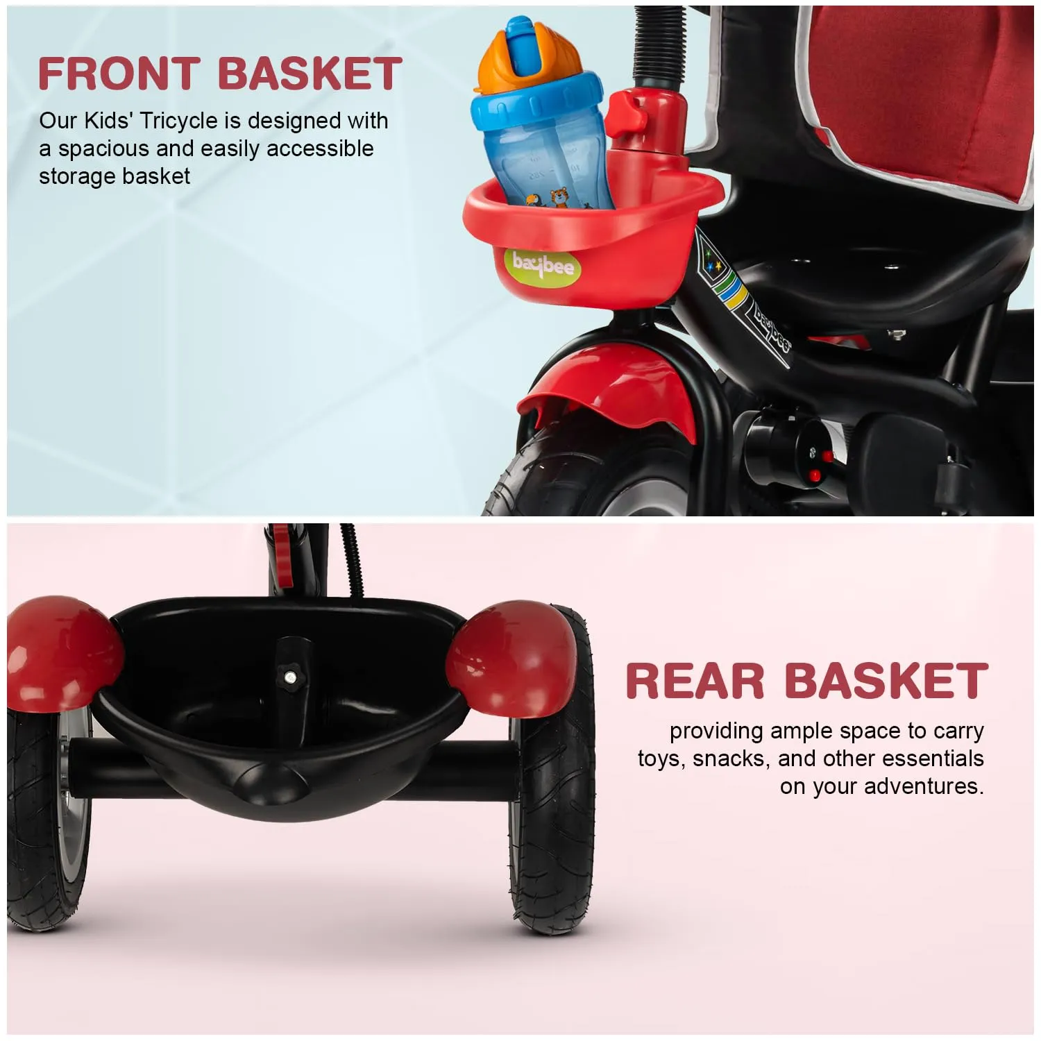 Baybee Klinto 2 in 1 Baby Tricycle for Kids, Plug N Play Kids Tricycle with Parental Control, Canopy, Rubber Wheels & Safety guardrail, Baby Kids Cycle Trikes, Baby Tricycle for 1.5 to 5 Year (Red)