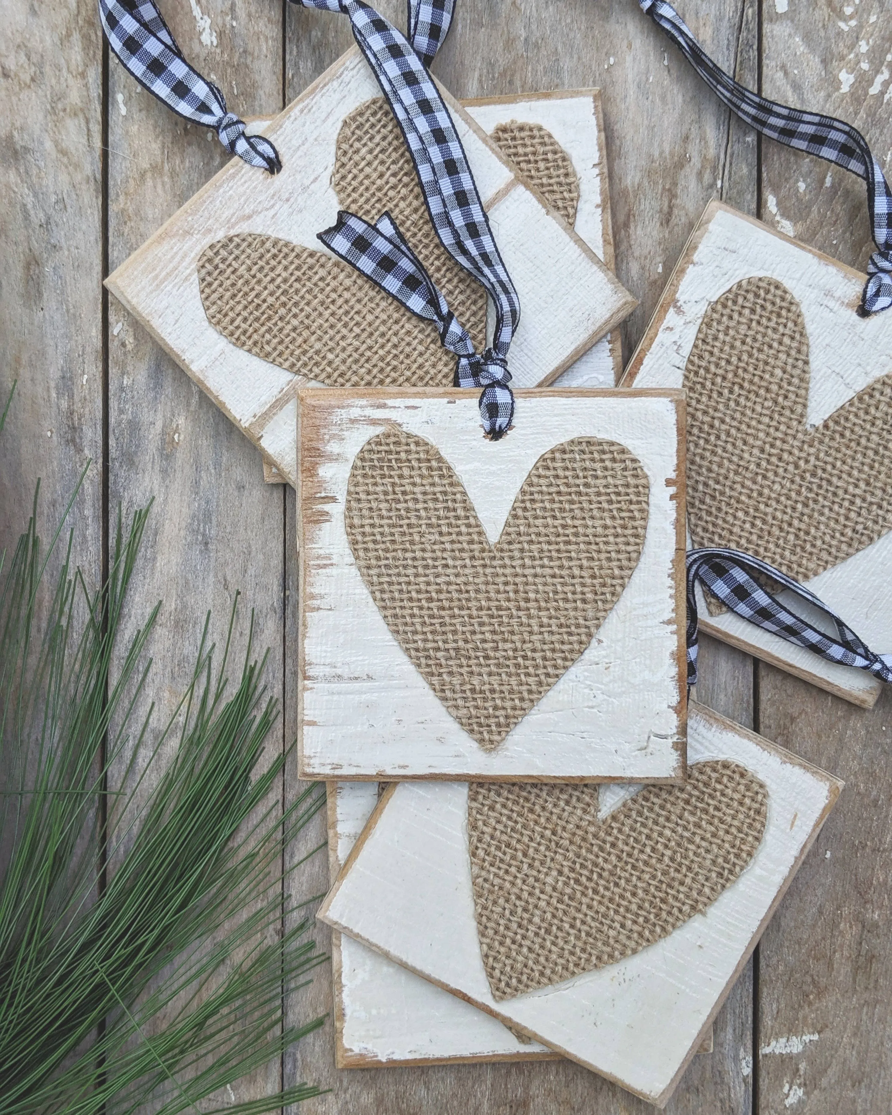 Burlap Heart Tag/Ornament with Buffalo Check Ribbon