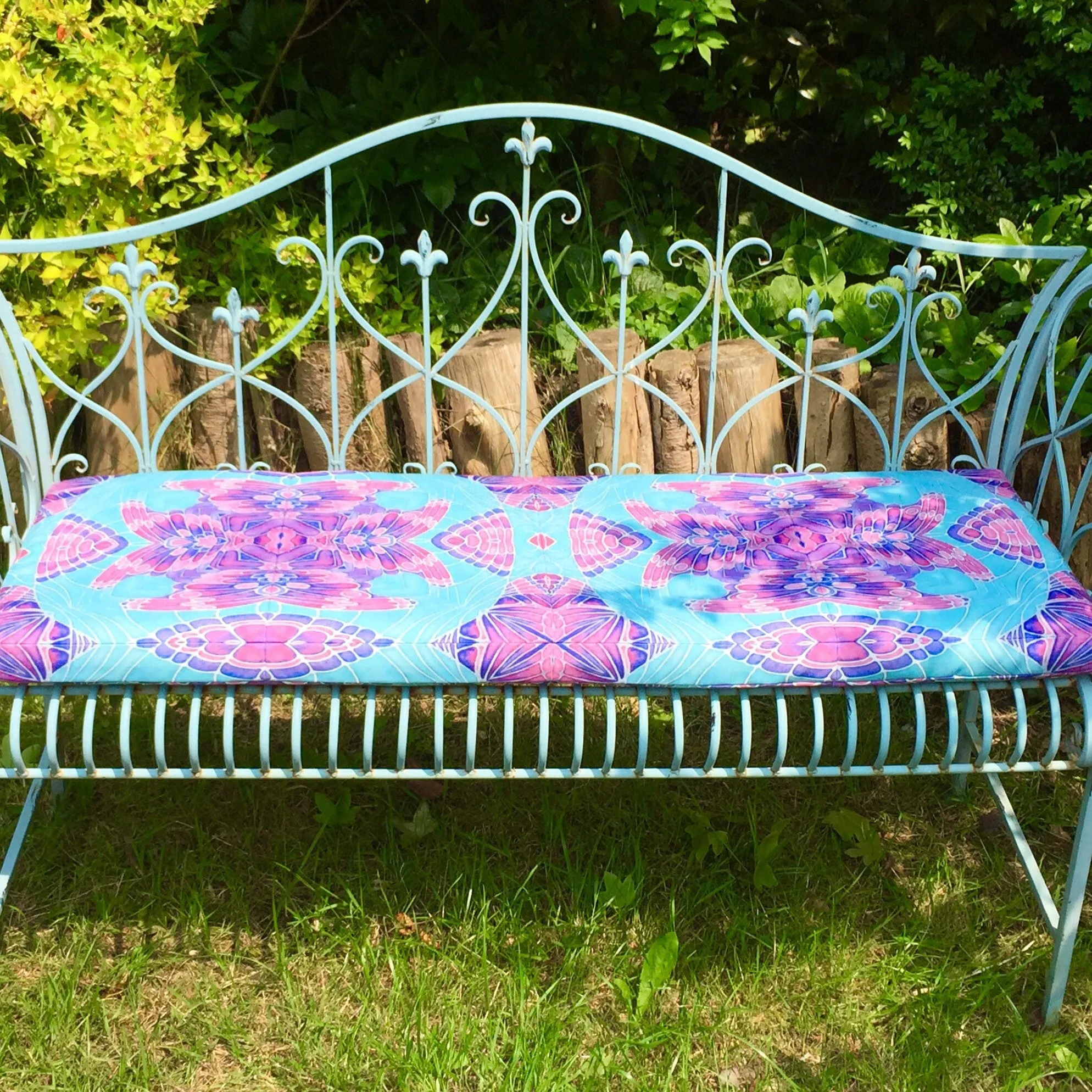 Butterfly Garden Bench Seat Pad - Made to Order Chair Seat Pad - Pretty Shower Proof Textiles -