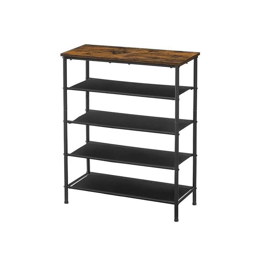 Byn 36 Inch Modern Shoe Rack, 5 Tier Adjustable Shelves, Black Steel, Brown By Casagear Home