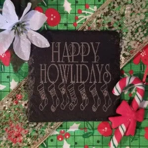 Christmas Coaster, Pet theme, Christmas stockings, dogs, pets, Happy Howlidays engraved slate coaster, dog lovers gift