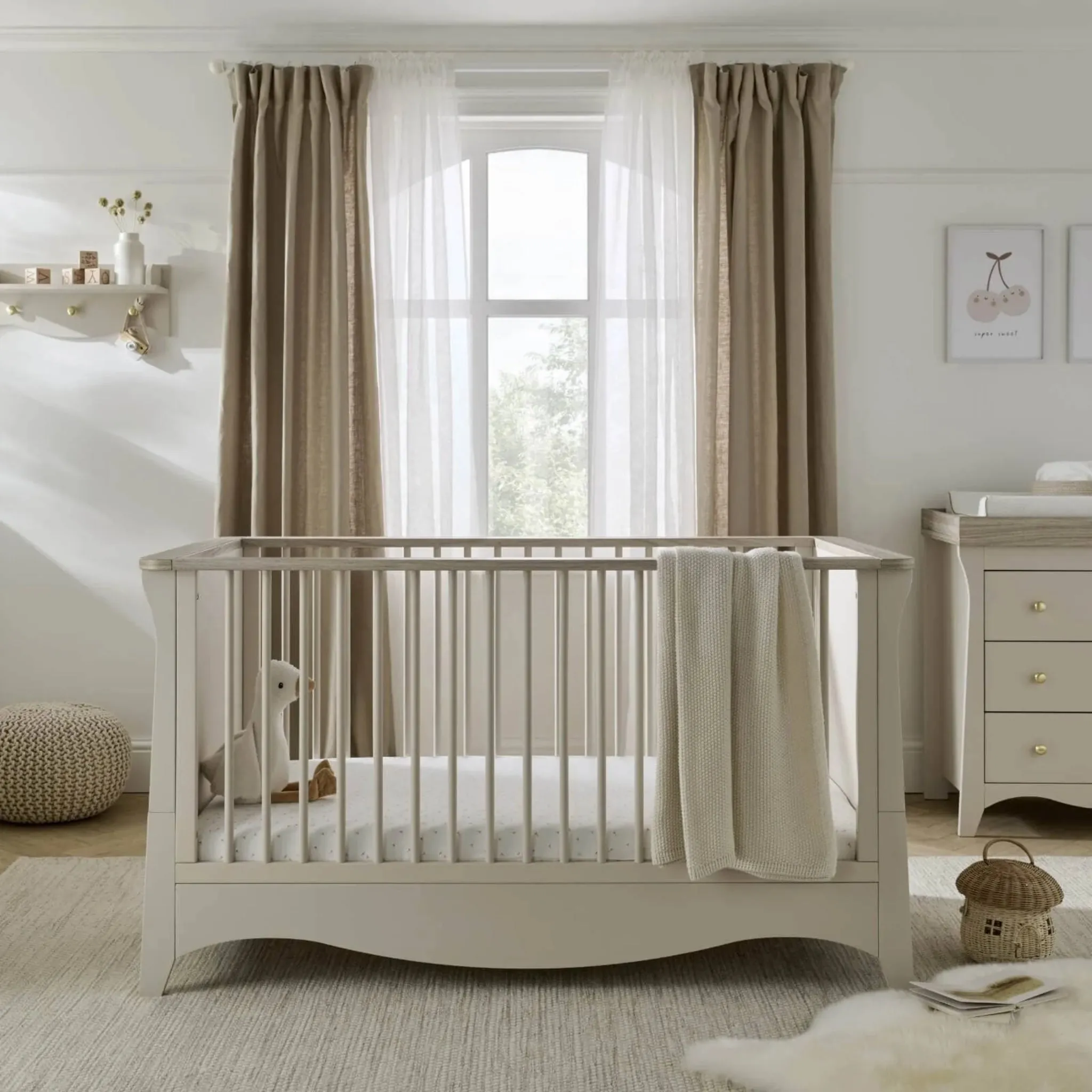 CuddleCo Clara 3pc Set 3 Drawer Dresser, Cot Bed and Wardrobe