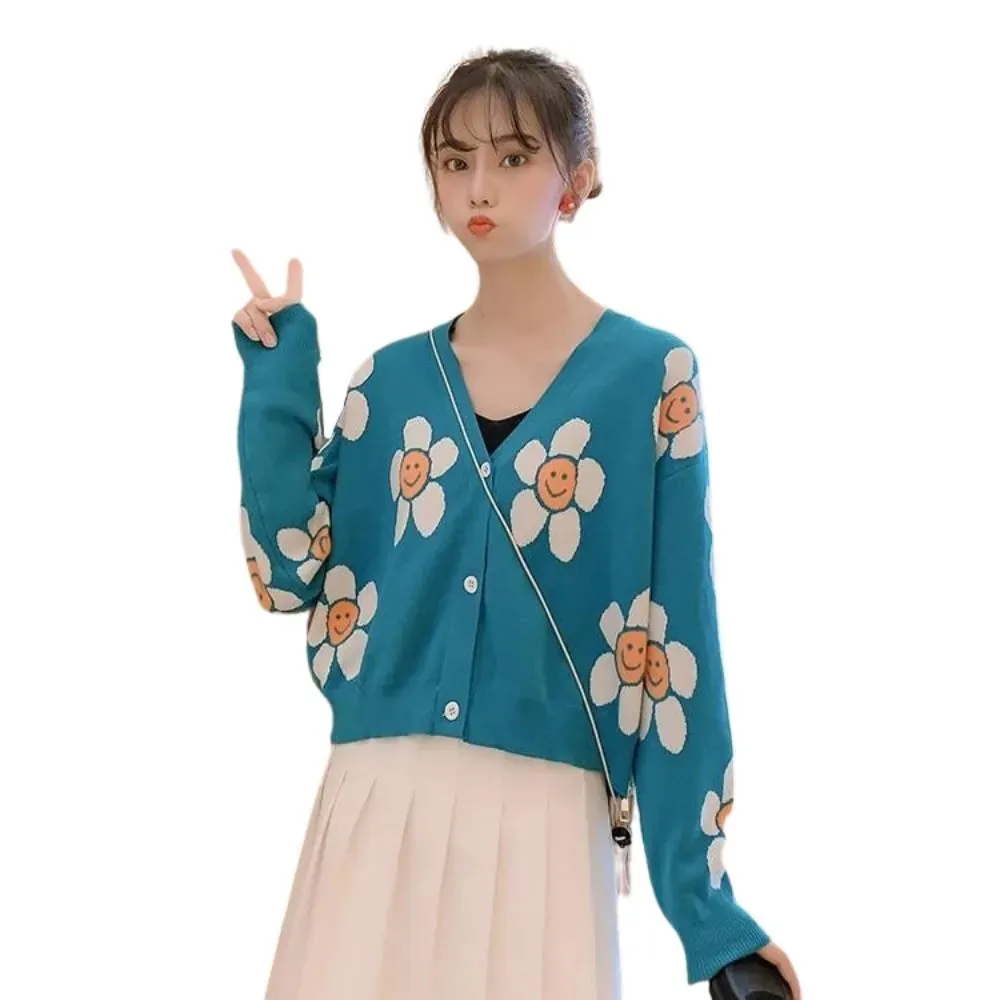 Daisy Print Women's Cardigan: Korean Style V-neck Knitted Cardigan with Floral Print