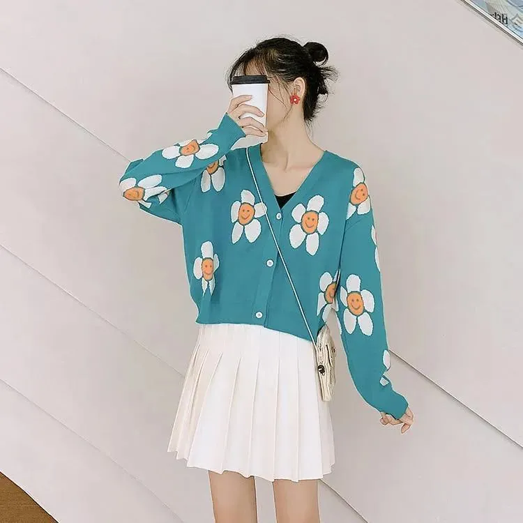 Daisy Print Women's Cardigan: Korean Style V-neck Knitted Cardigan with Floral Print