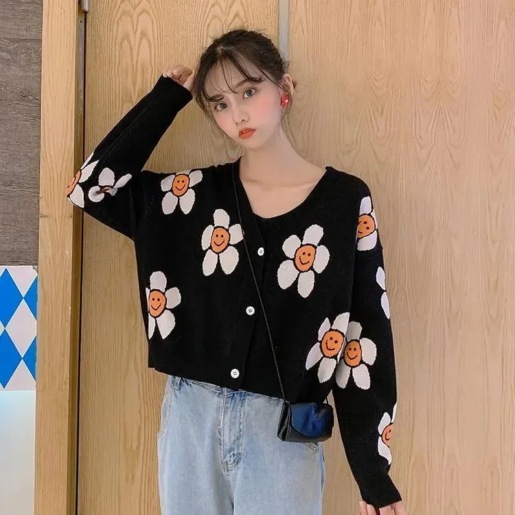 Daisy Print Women's Cardigan: Korean Style V-neck Knitted Cardigan with Floral Print