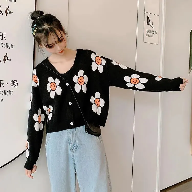 Daisy Print Women's Cardigan: Korean Style V-neck Knitted Cardigan with Floral Print