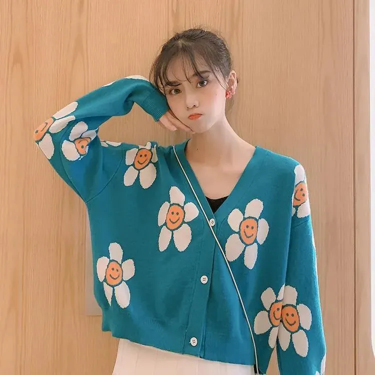 Daisy Print Women's Cardigan: Korean Style V-neck Knitted Cardigan with Floral Print