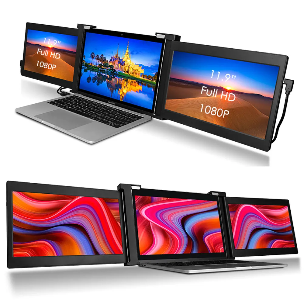 Dual Portable Triple Fold 1080P IPS FHD Monitor Screen Extender For Laptop 12" 13.3" 15"