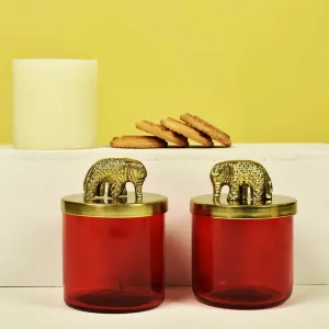 Elephant Glass Jars | Gold Finish | Red | Set of 2