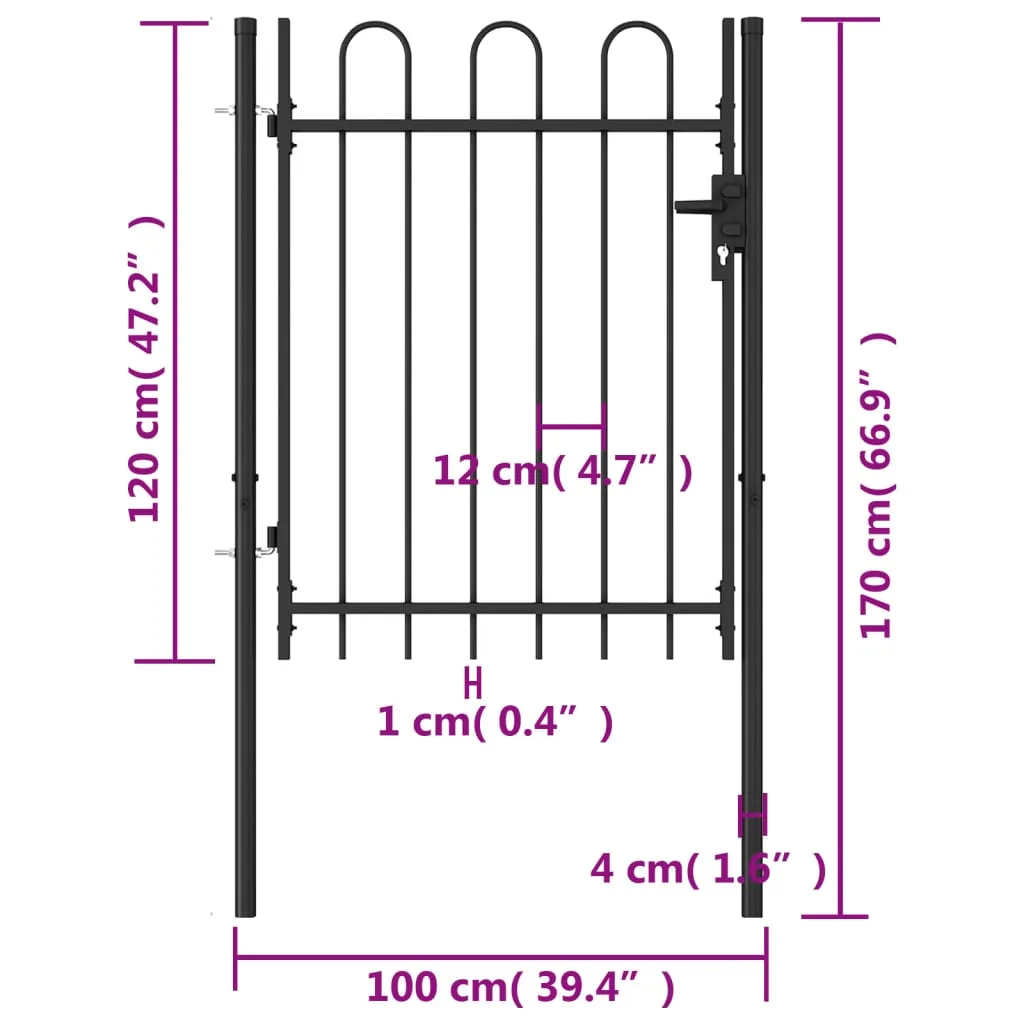 Fence Gate Single Door with Arched Top Steel 1x1.2 m Black