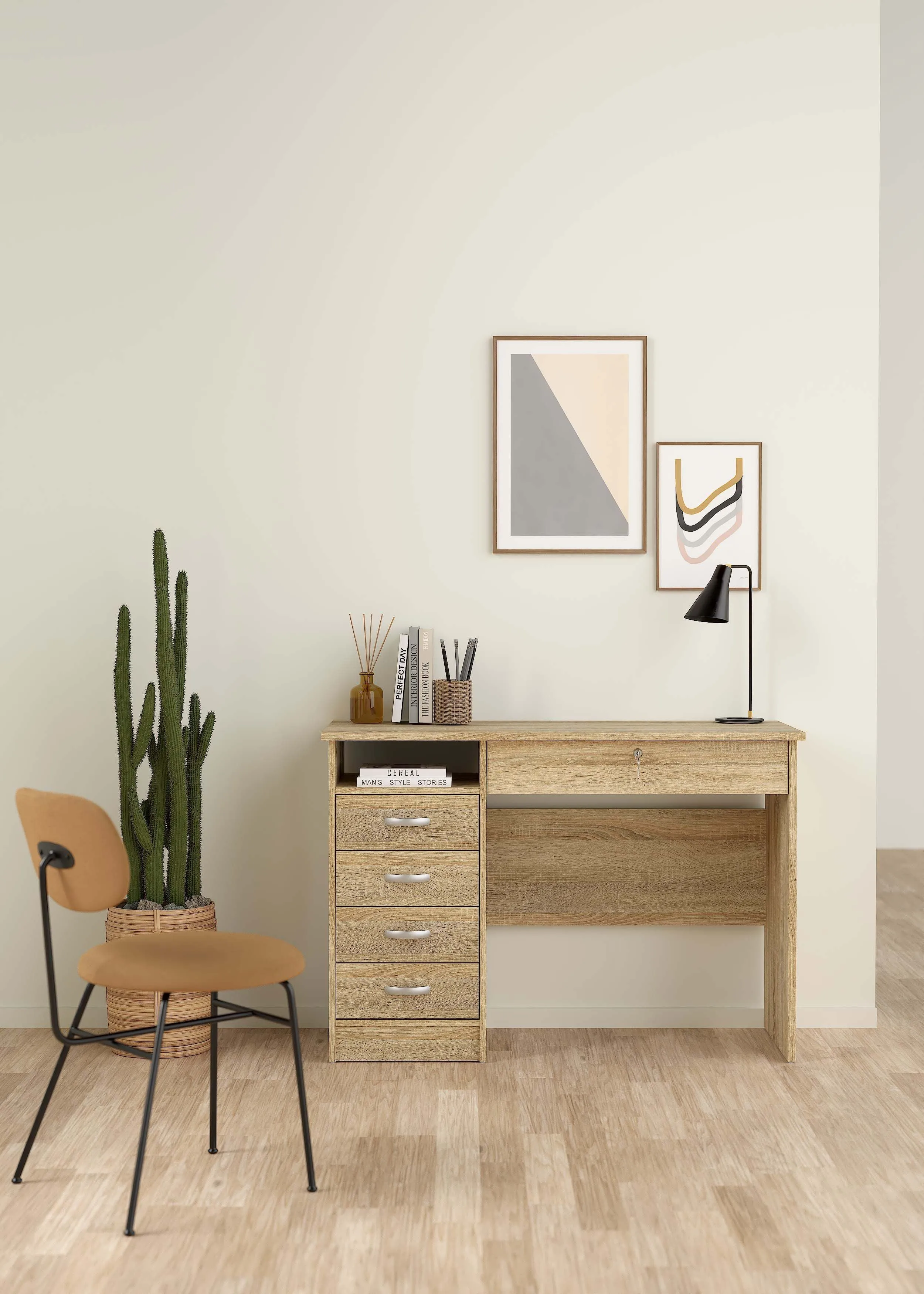 Function Plus Desk with 5 Drawers - Oak