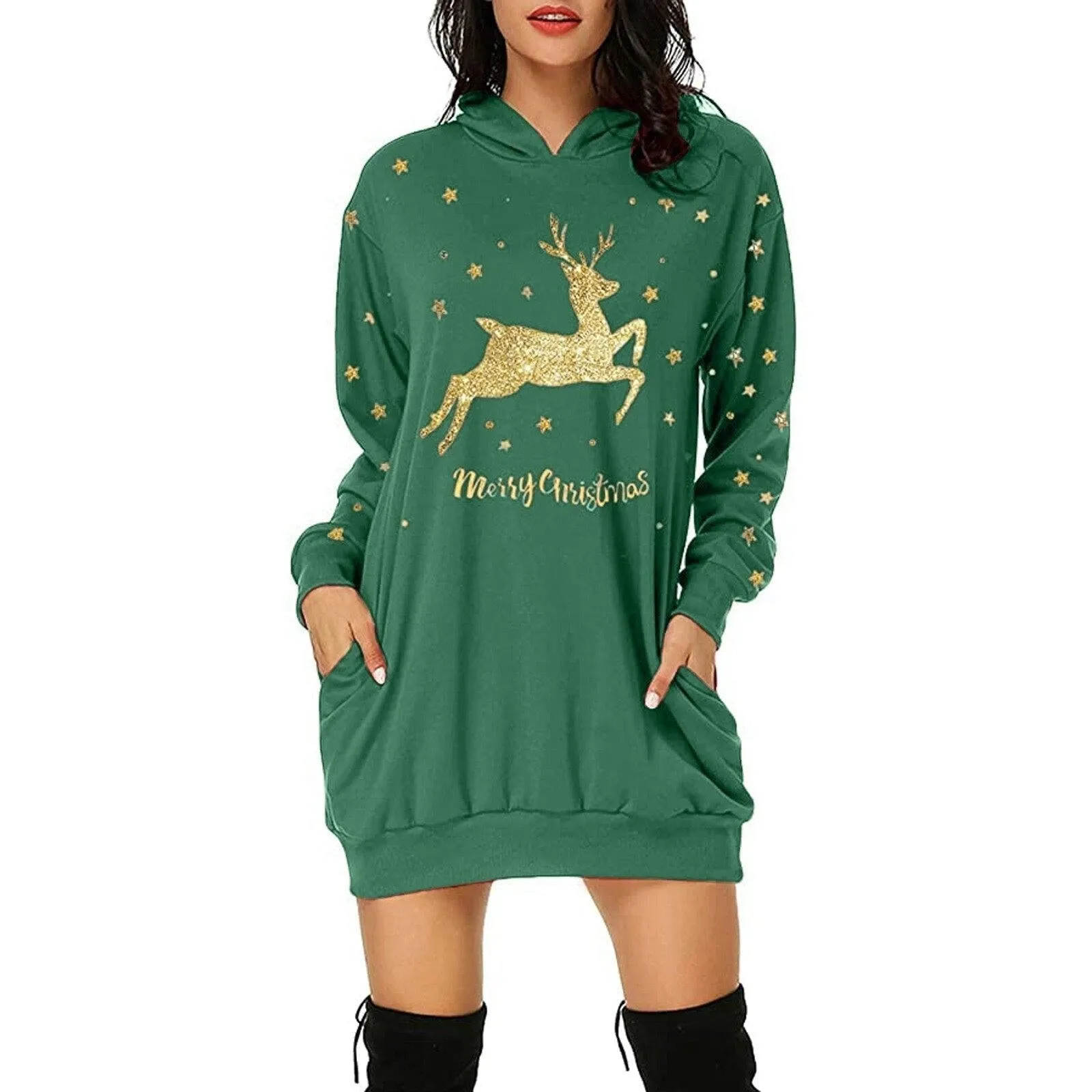 Gold Reindeer Christmas Hooded Sweater Dress: Large print and pockets, great Xmas casualwear