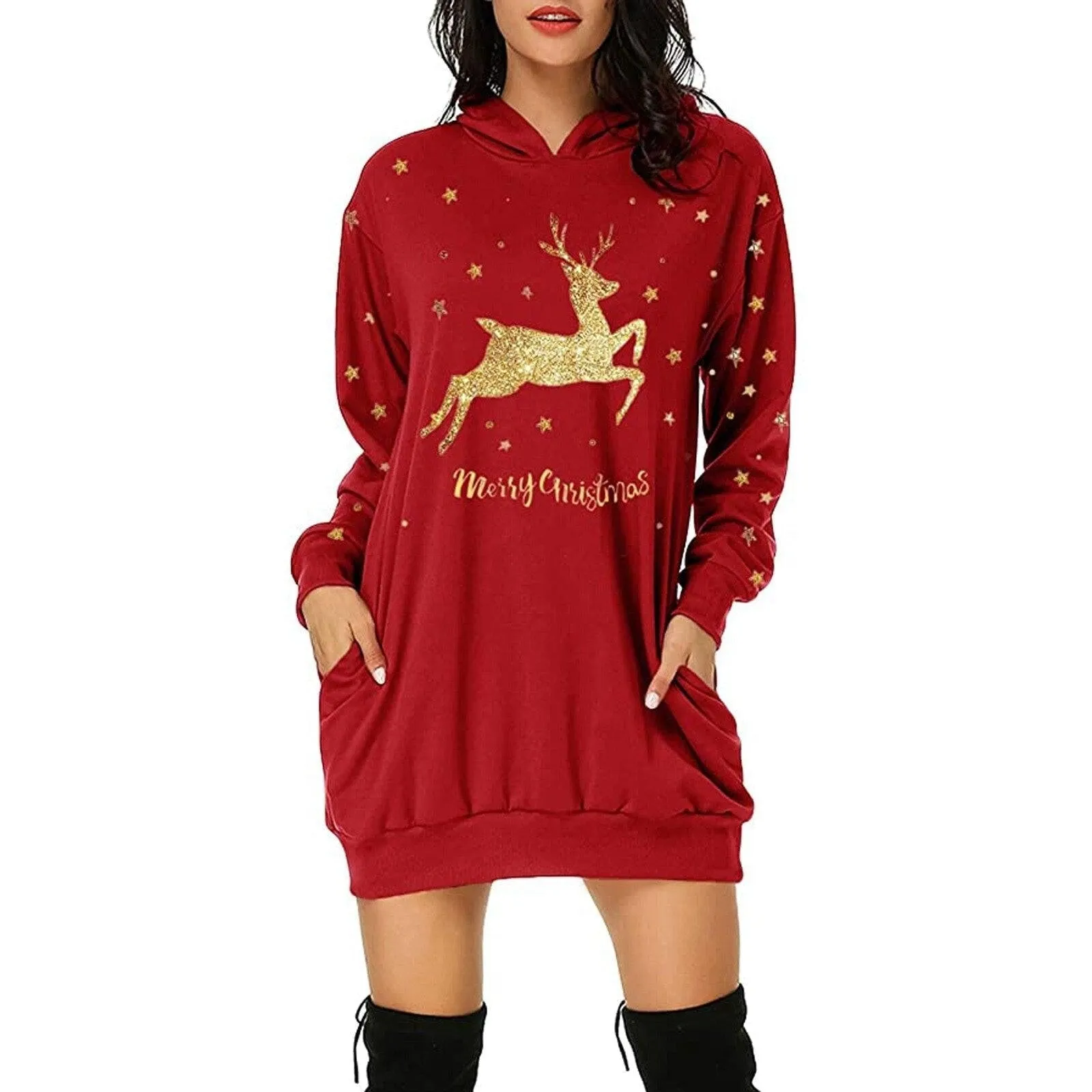 Gold Reindeer Christmas Hooded Sweater Dress: Large print and pockets, great Xmas casualwear