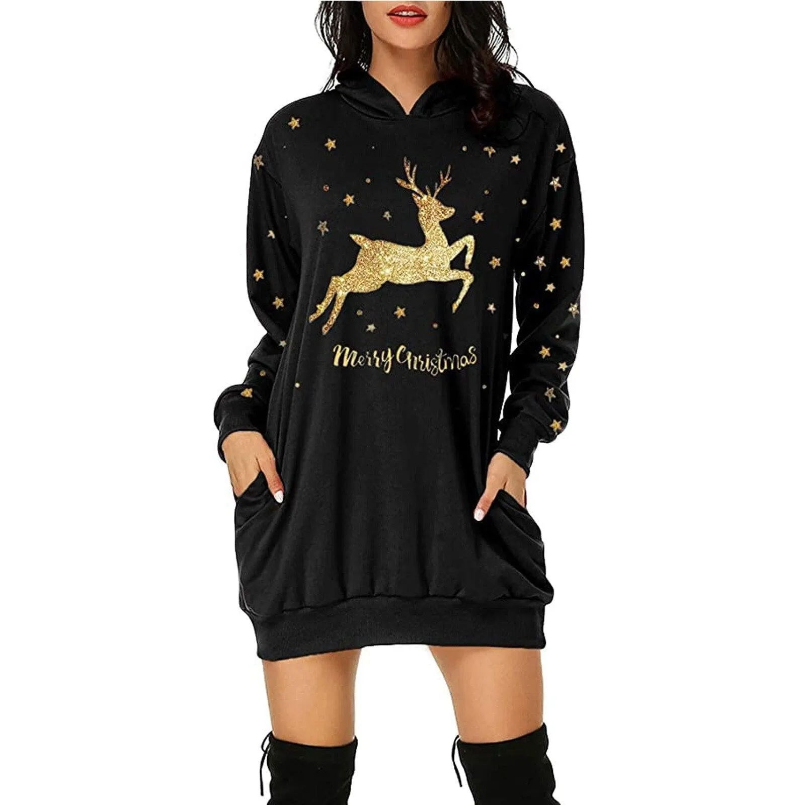 Gold Reindeer Christmas Hooded Sweater Dress: Large print and pockets, great Xmas casualwear