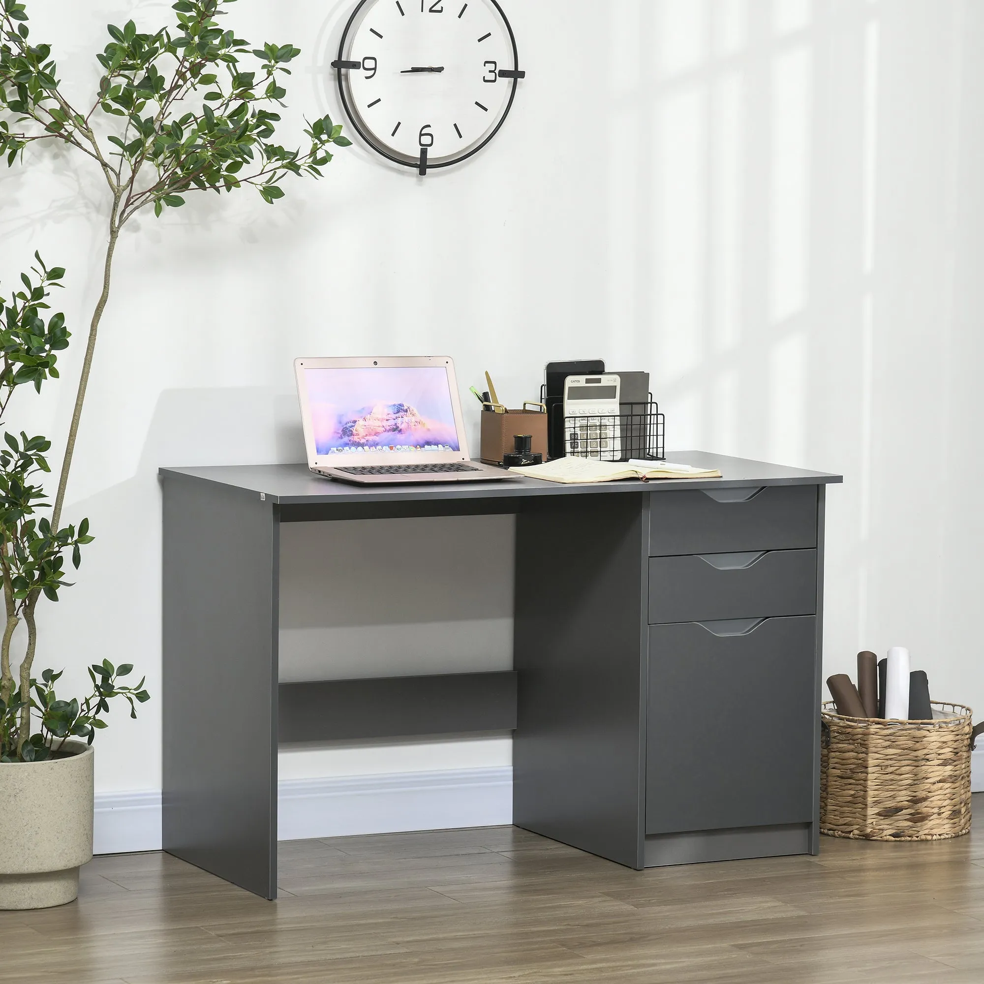 High Gloss Computer Desk with Drawers, Modern Writing Workstation with Storage Cabinet, PC Study Table for Home, Office, Study, Grey