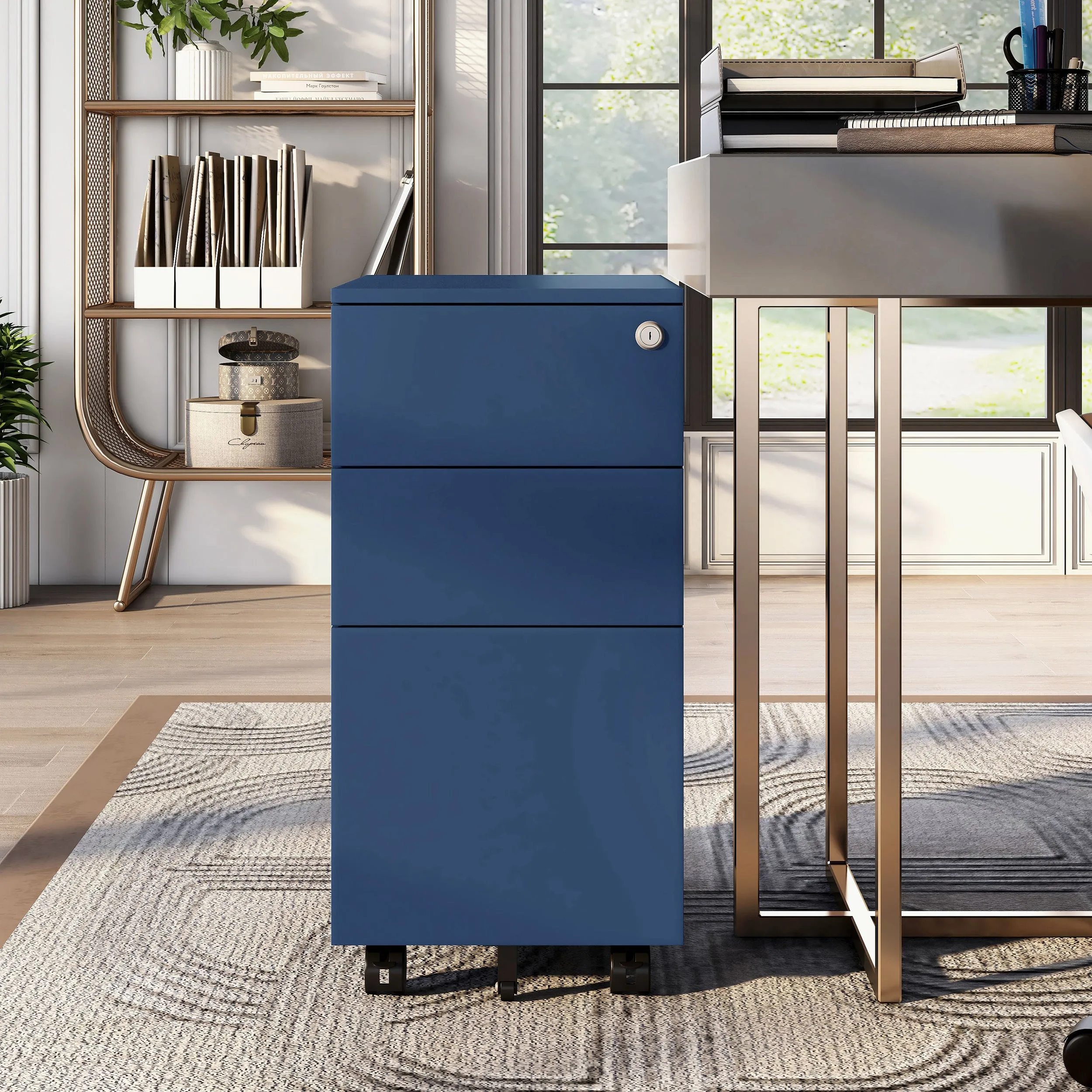 Hughie Modern Matte Navy Blue Lockable 3-Drawer Mobile File Cabinet