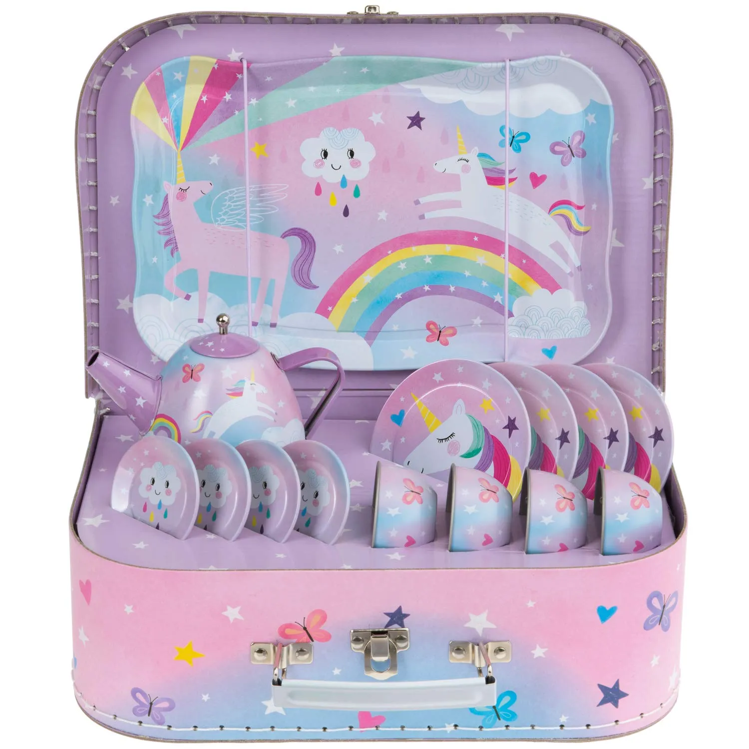 Jewelkeeper 15 Piece Kids Pretend Toy Tin Tea Set & Carrying Case - Cotton Candy Unicorn