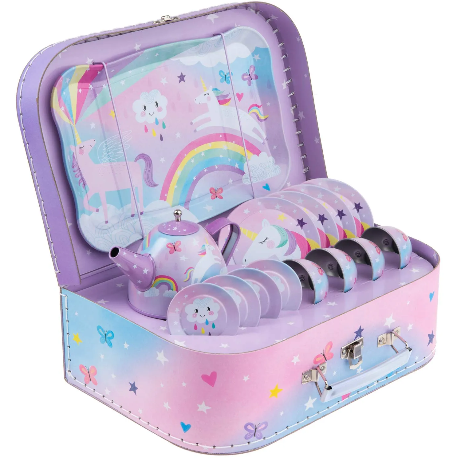 Jewelkeeper 15 Piece Kids Pretend Toy Tin Tea Set & Carrying Case - Cotton Candy Unicorn