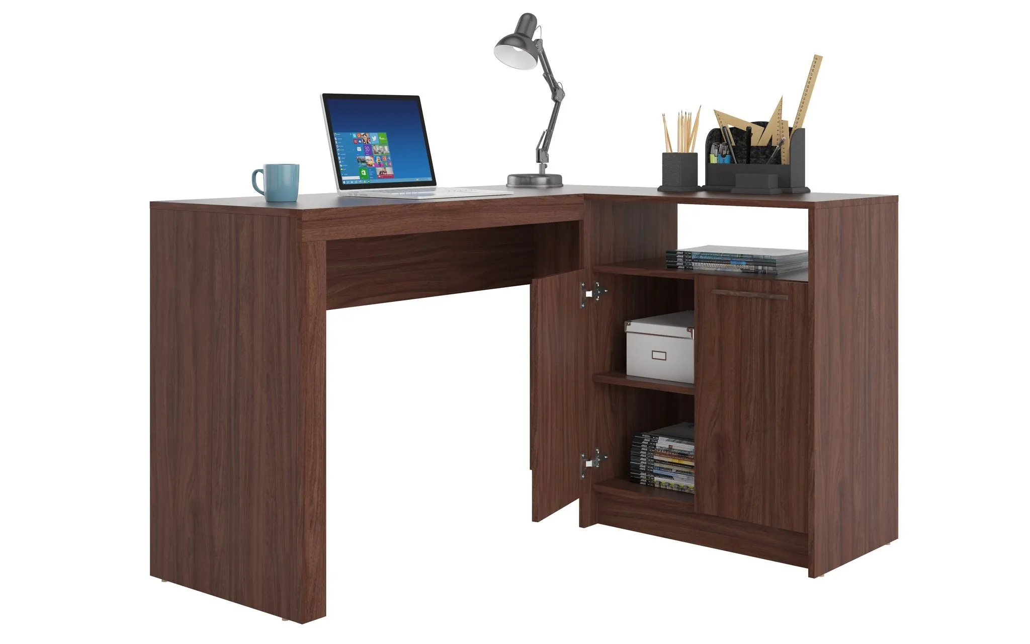 Kalmar L -Shaped Office Desk with Inclusive in Dark Brown