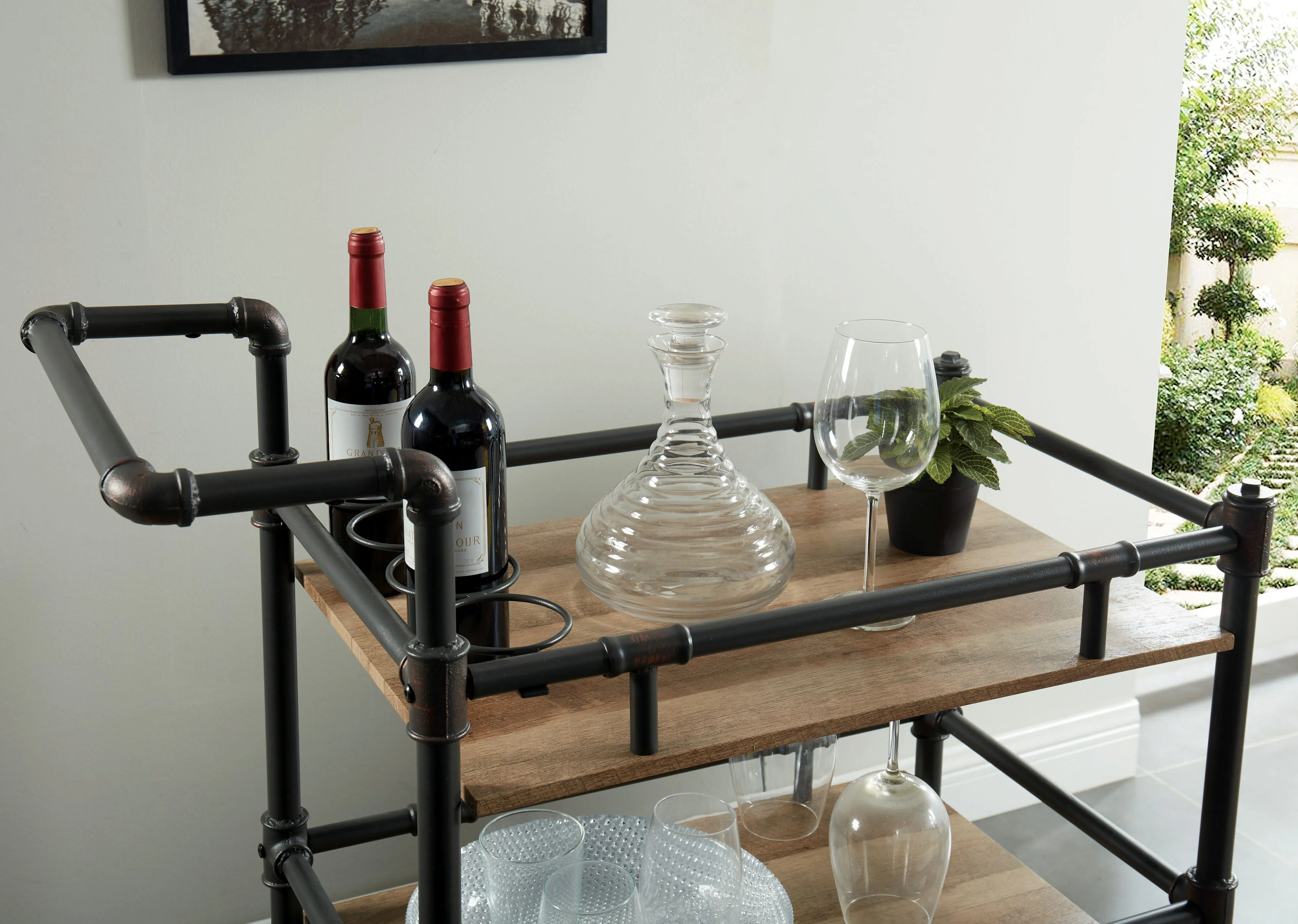 Mathew Oak and Sand Black Water Pipe Inspired Metal 3-Tier Bar Cart