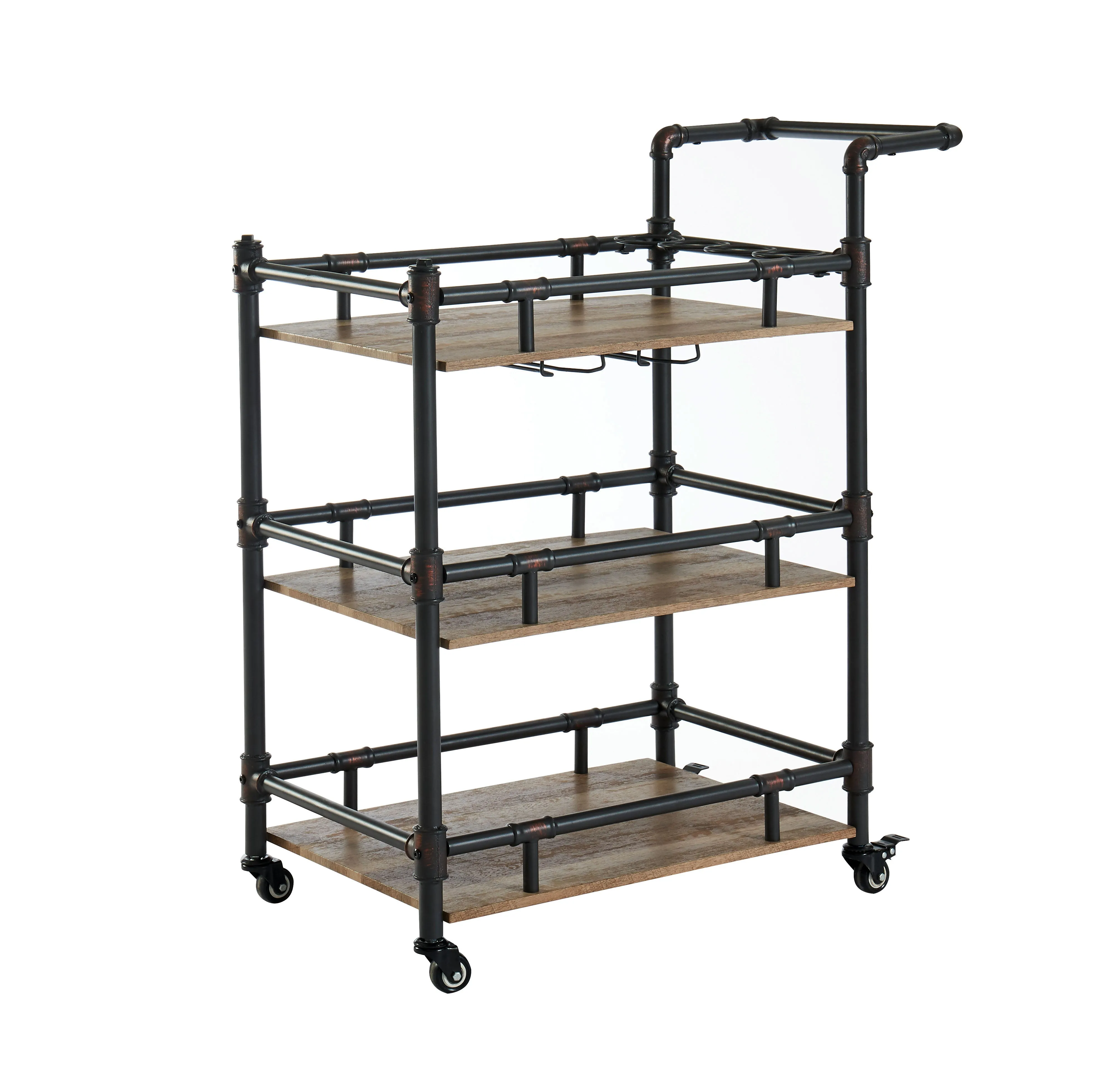 Mathew Oak and Sand Black Water Pipe Inspired Metal 3-Tier Bar Cart