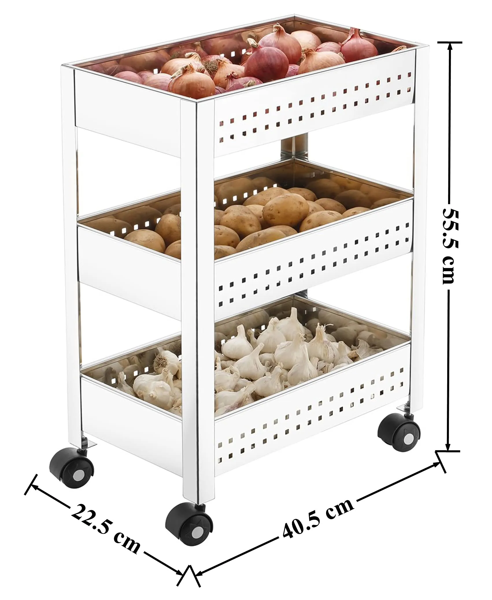 Plantex Vegetable Stand for Kitchen Steel/Kitchen Trolley with Wheels/Steel Trolley for Kitchen/Vegetable Storage Rack/Onion Trolley for Kitchen (Square Profile-Silver)