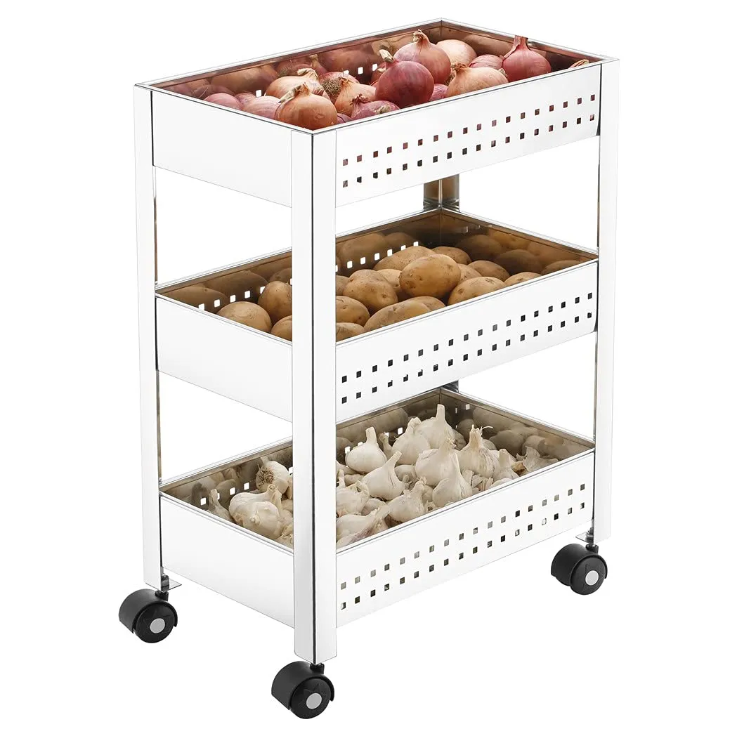 Plantex Vegetable Stand for Kitchen Steel/Kitchen Trolley with Wheels/Steel Trolley for Kitchen/Vegetable Storage Rack/Onion Trolley for Kitchen (Square Profile-Silver)