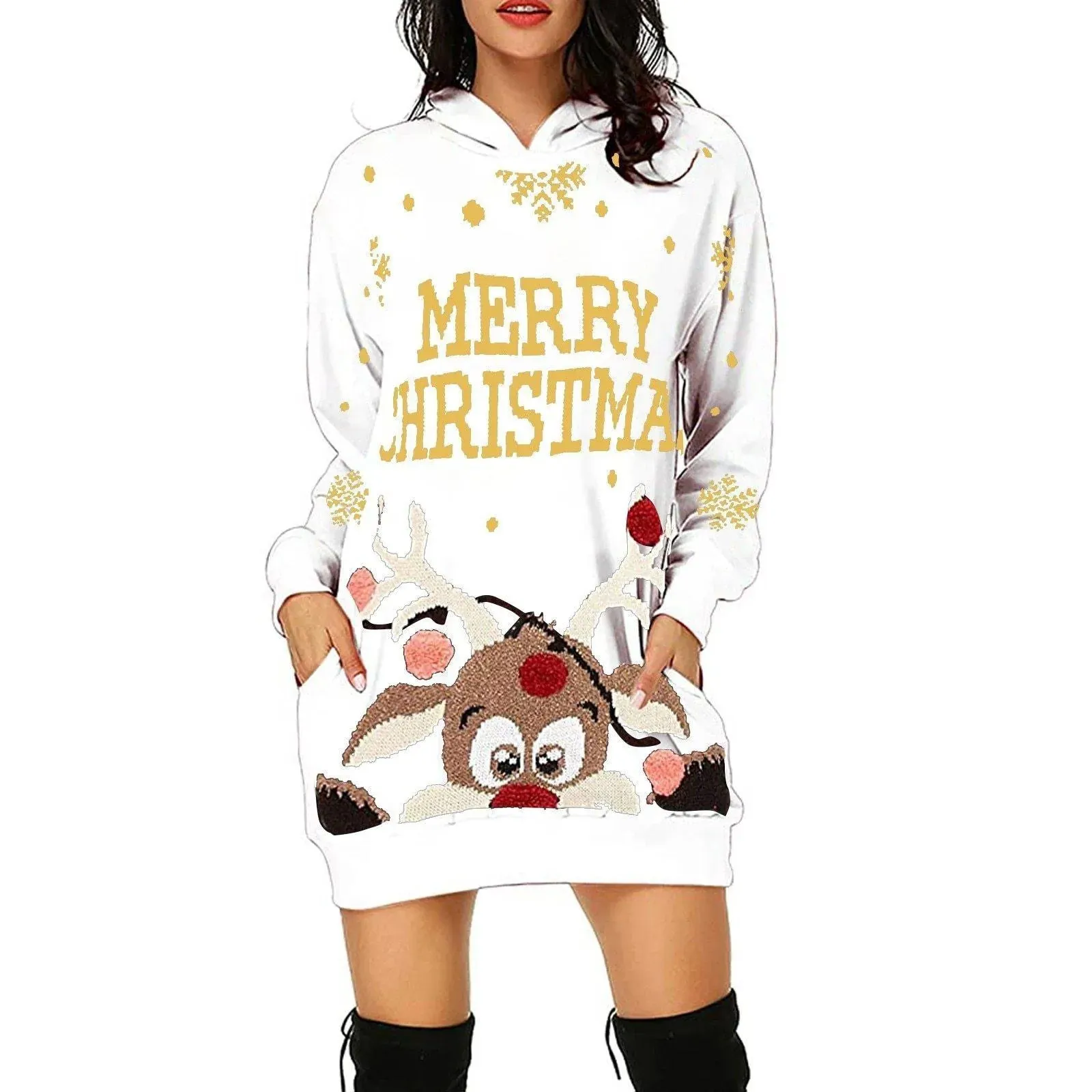 Reindeer Print Christmas Hooded Sweater Dress: A casual everyday dress with Xmas style!