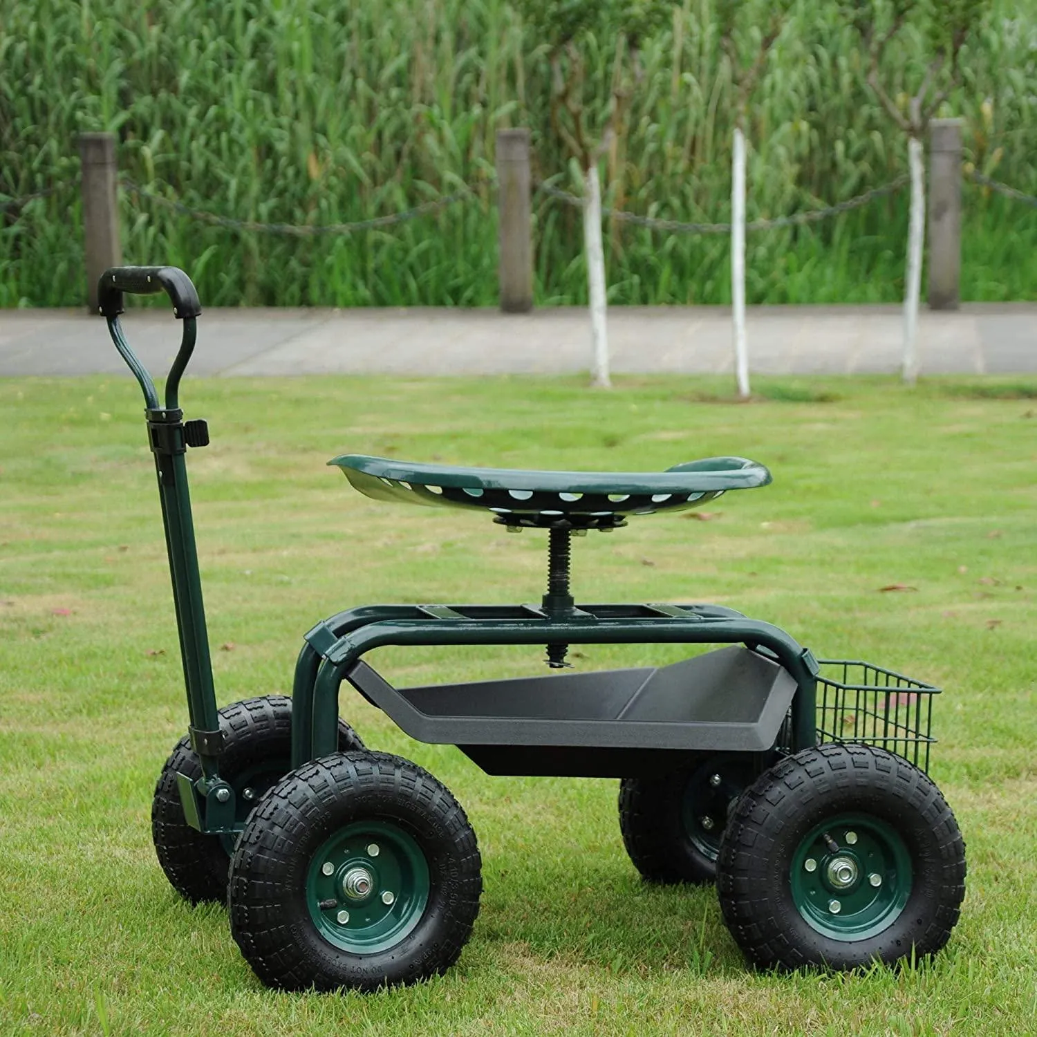 Rolling Garden Cart with Seat Lawn Yard Patio Work Seat Gardening Stool with Tool Tray and Storage Basket, with Handle