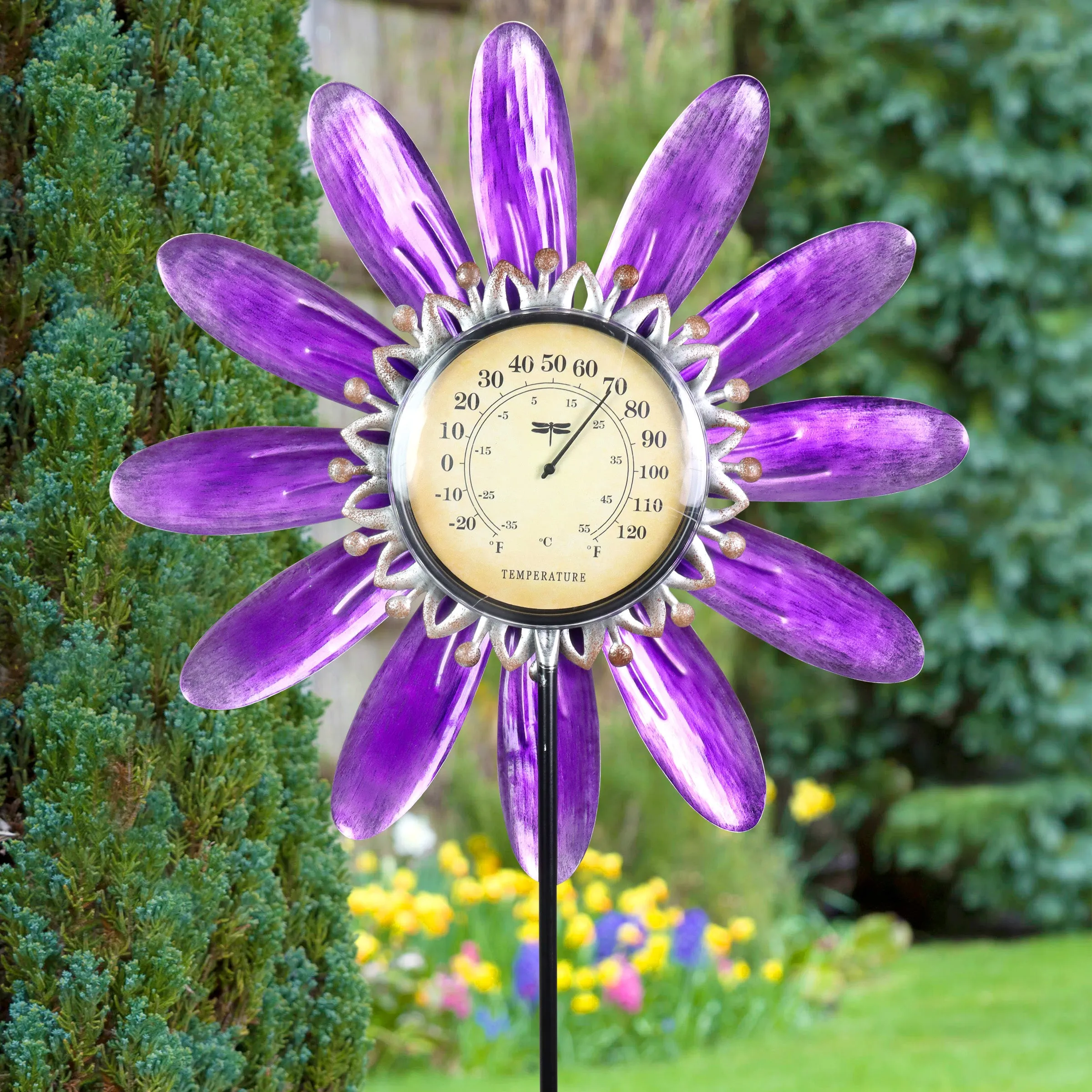 Spinning Purple Metal Flower Thermometer Garden Stake, 17.5 by 50 Inches