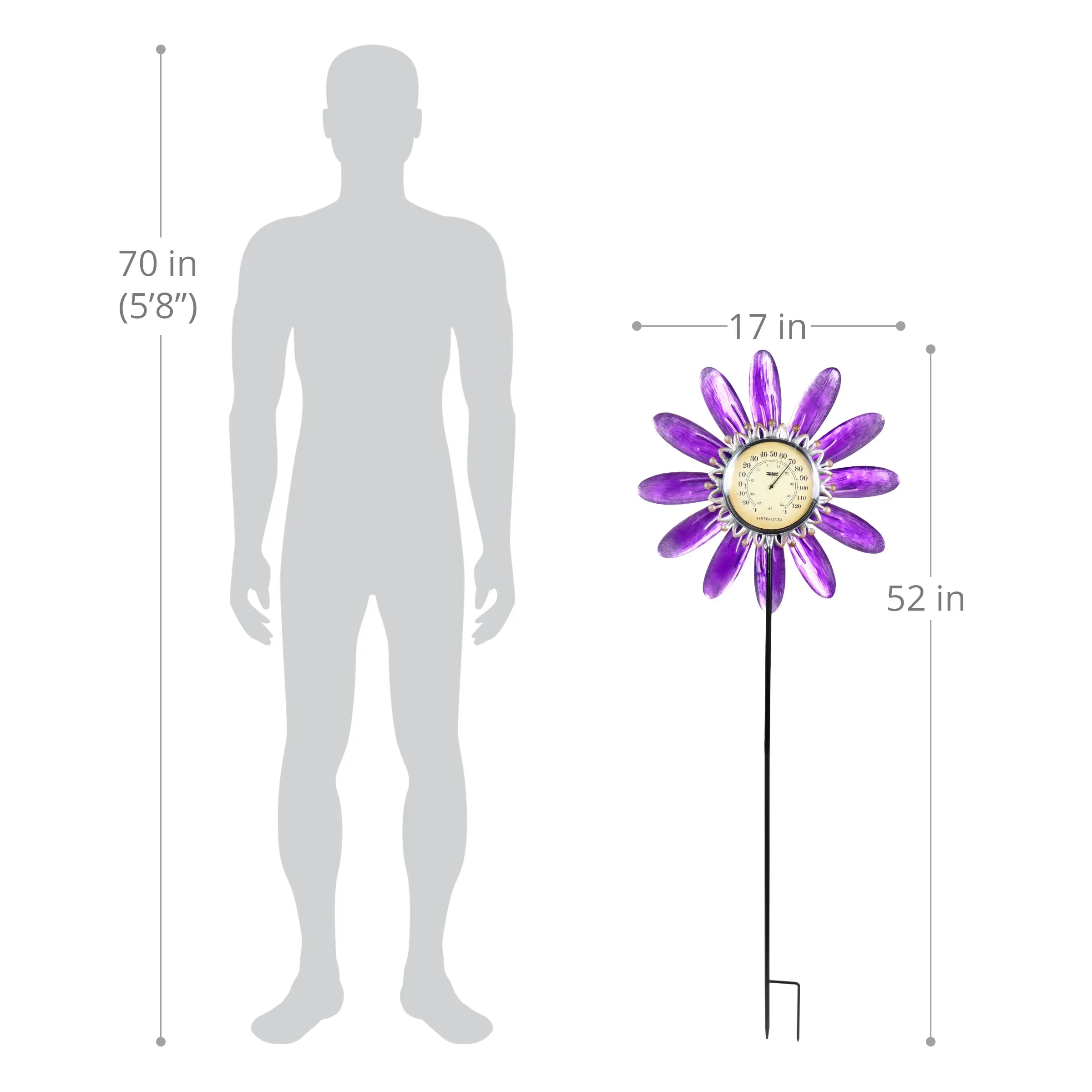 Spinning Purple Metal Flower Thermometer Garden Stake, 17.5 by 50 Inches