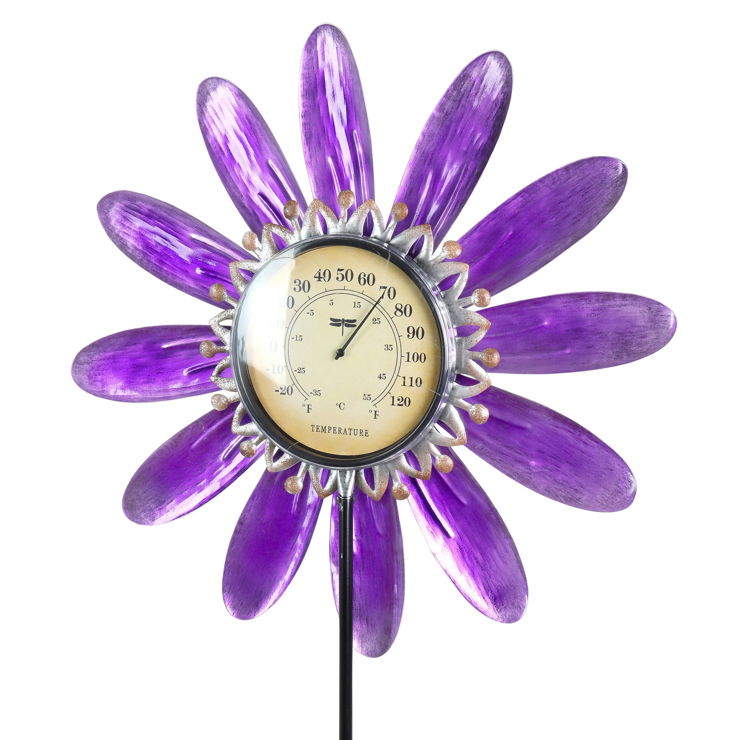 Spinning Purple Metal Flower Thermometer Garden Stake, 17.5 by 50 Inches