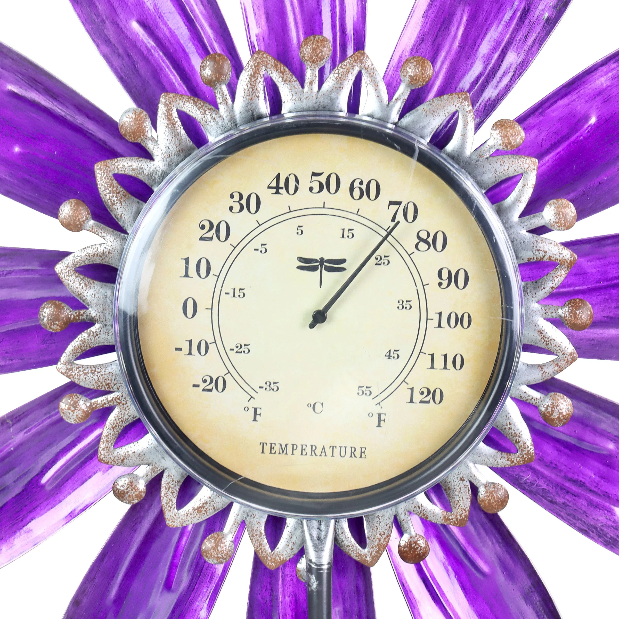 Spinning Purple Metal Flower Thermometer Garden Stake, 17.5 by 50 Inches