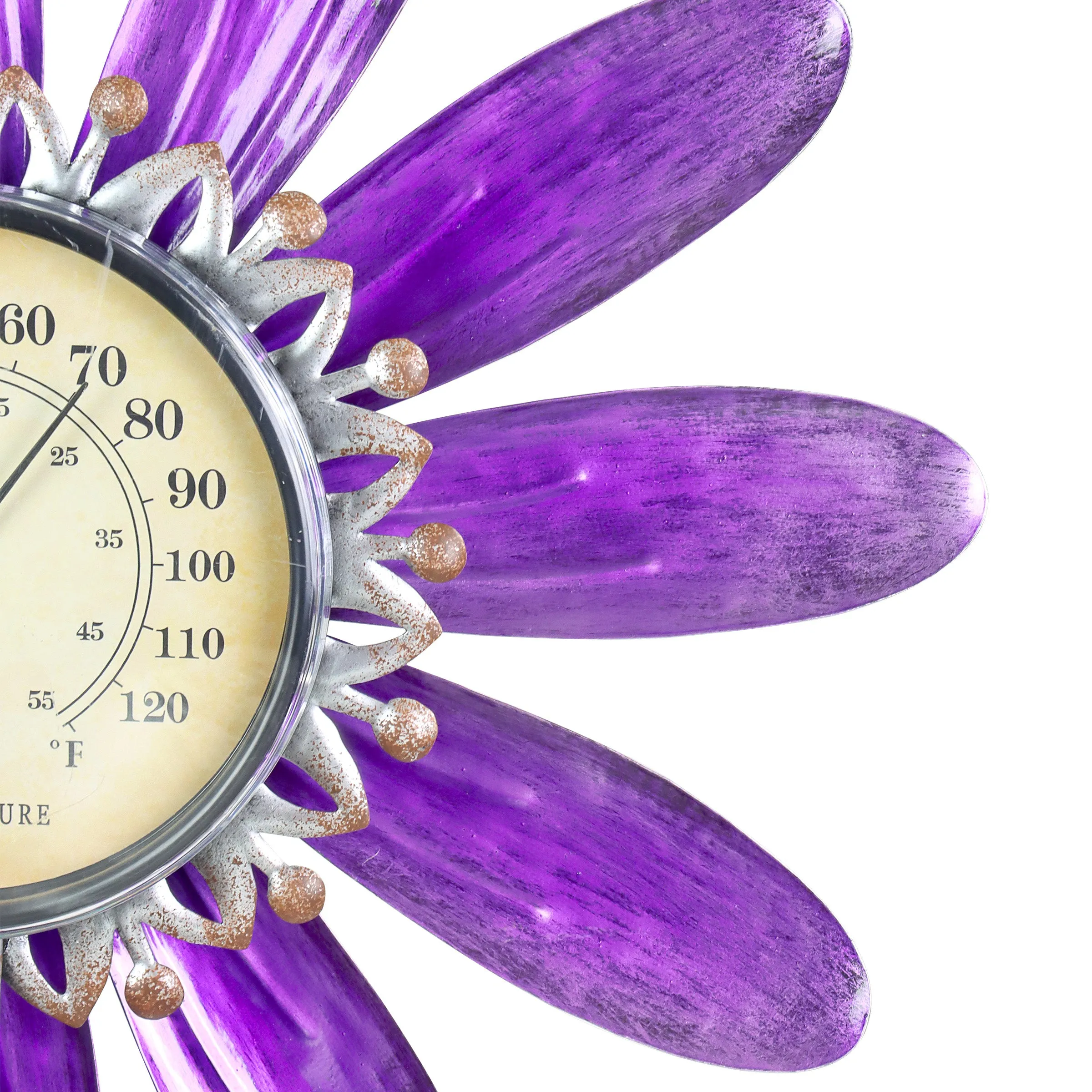 Spinning Purple Metal Flower Thermometer Garden Stake, 17.5 by 50 Inches